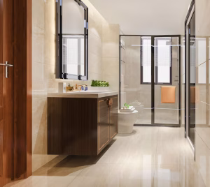 Modern bathroom with glass shower enclosure, wood vanity, and beige tile walls and floors
