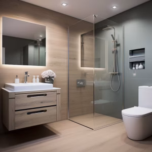 Contemporary bathroom with wood accent wall, glass shower, floating vanity, and backlit mirror