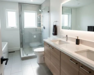 Modern affordable bathroom renovation in Edmonton with white tiles, floating vanity, and LED mirror