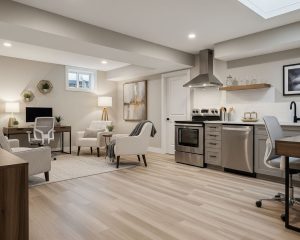 Modern finished basement in Edmonton with vinyl flooring, recessed lighting, and family lounge area.