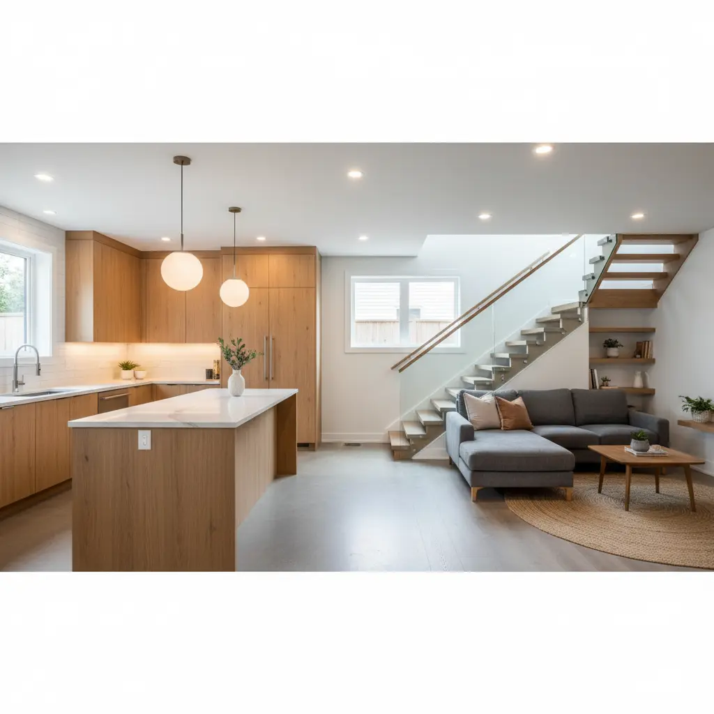 Modern Edmonton home interior with a stylish kitchen featuring wood cabinets and quartz countertops, and a cozy basement corner with durable flooring, showcasing high-quality renovation materials.
