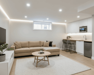 Modern Edmonton basement suite with a cozy living area, neutral walls, comfortable seating, and a small kitchenette, showcasing practical and stylish basement suite renovation design.