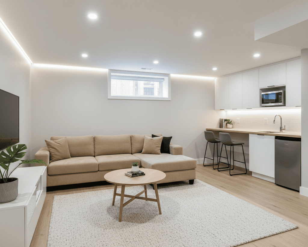 Modern Edmonton basement suite with a cozy living area, neutral walls, comfortable seating, and a small kitchenette, showcasing practical and stylish basement suite renovation design.