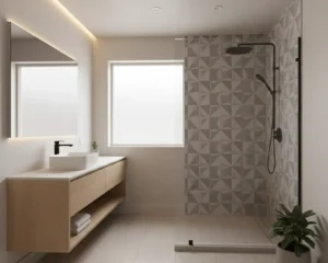Modern bathroom interior with glass walk-in shower, floating vanity, matte black fixtures and soft natural light — ideal for a bathroom renovation in Edmonton.