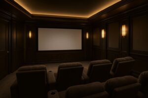 A modern basement home theatre setup featuring a large screen, surround sound system, cozy sectional seating, ambient lighting, and stylish decor