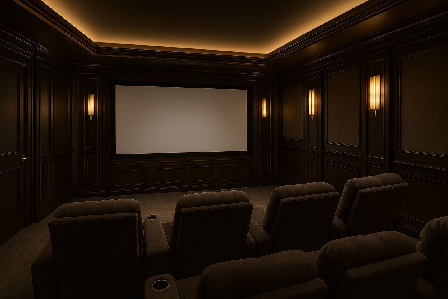 A modern basement home theatre setup featuring a large screen, surround sound system, cozy sectional seating, ambient lighting, and stylish decor