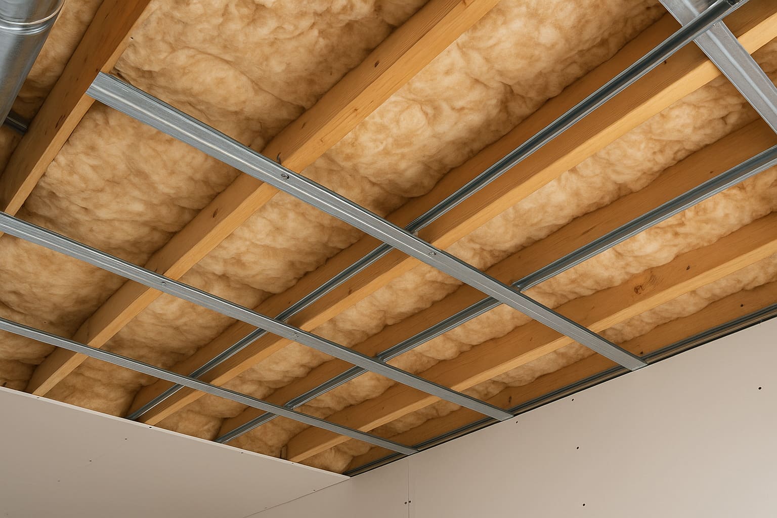 Finished basement ceiling with modern soundproofing insulation and recessed lighting, showcasing a quiet and comfortable living space in an Edmonton home.