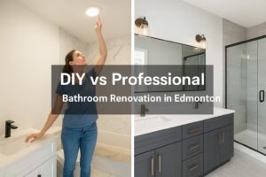 A modern bathroom scene showing a split comparison between a DIY renovation setup with tools and materials on one side, and a completed professional bathroom renovation on the other,