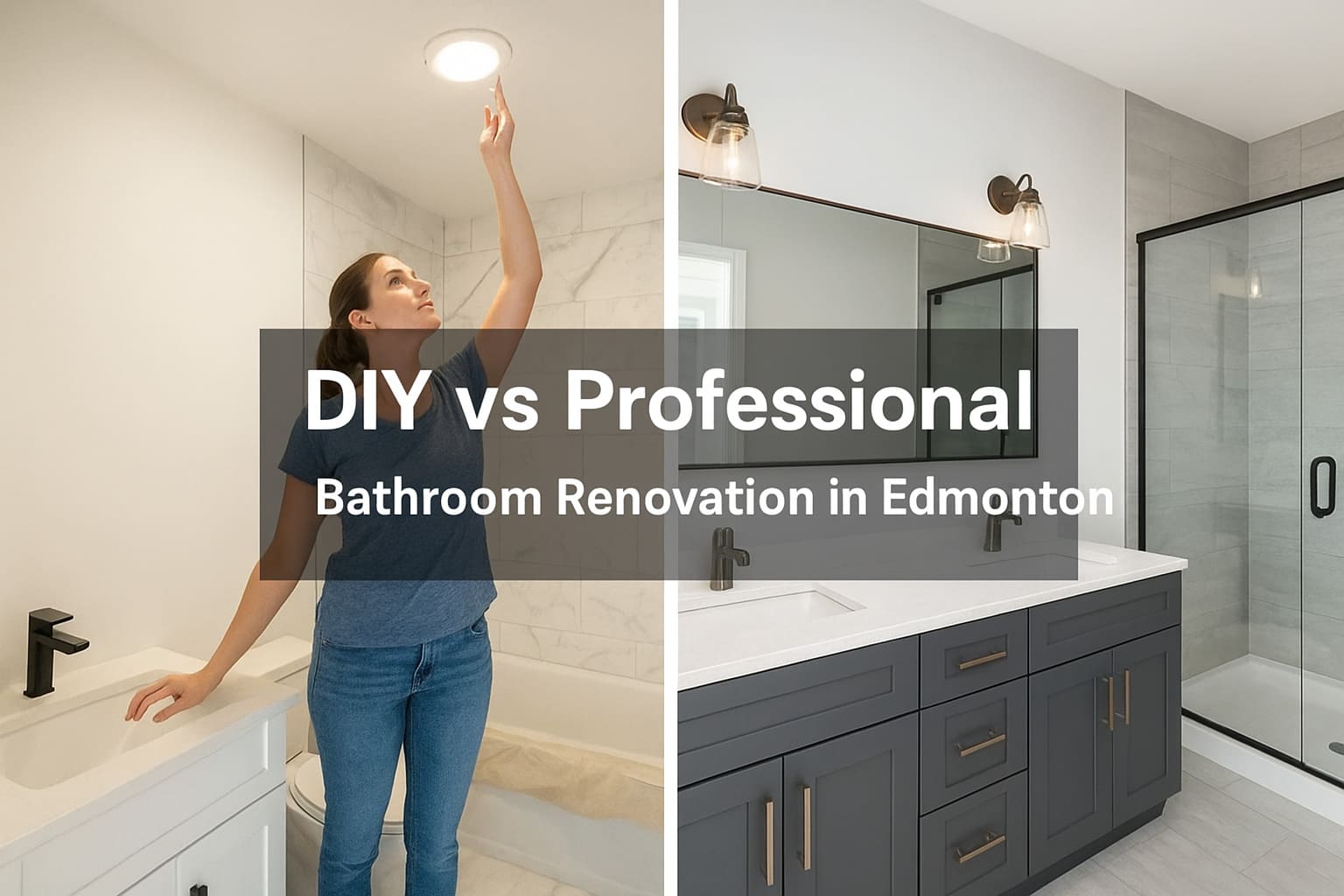 A modern bathroom scene showing a split comparison between a DIY renovation setup with tools and materials on one side, and a completed professional bathroom renovation on the other,