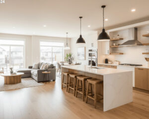 Modern open-concept kitchen in an Edmonton home featuring a spacious layout, white cabinets, and a central island connecting the kitchen and living area.