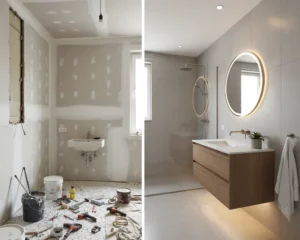 Split view of a bathroom showing DIY renovation in progress on one side and a finished professional renovation on the other.