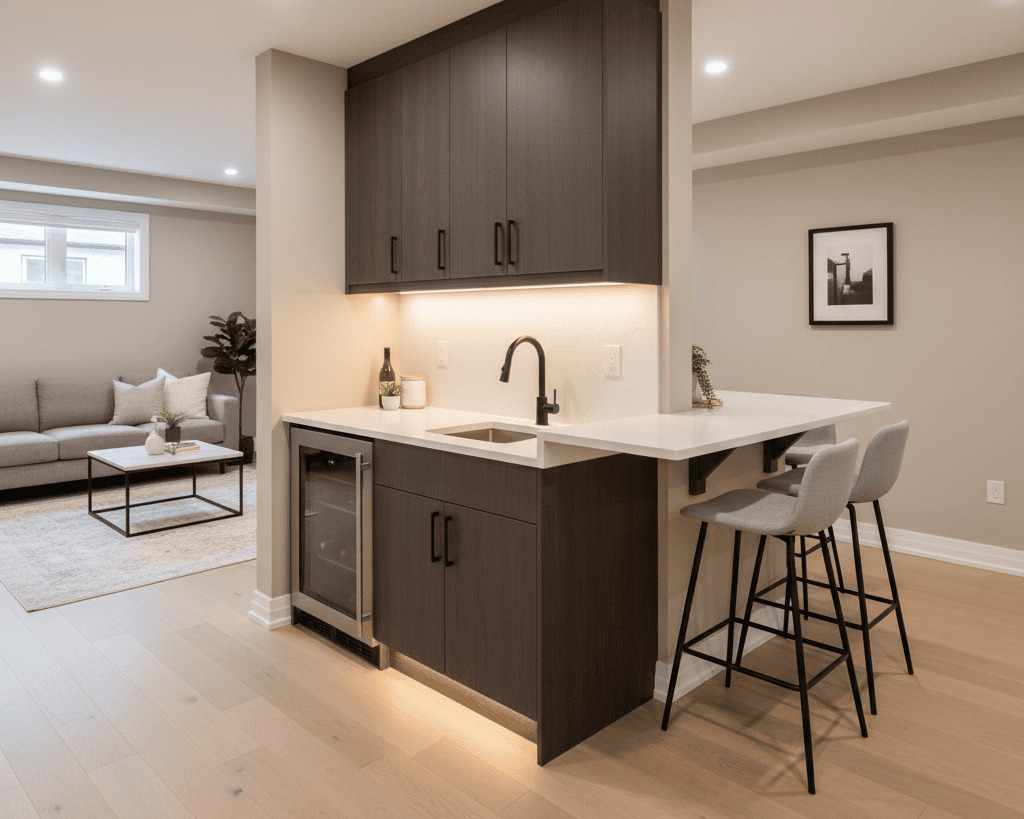 Modern basement wet bar with sleek cabinetry, under-counter fridge, and warm lighting in an Edmonton home.