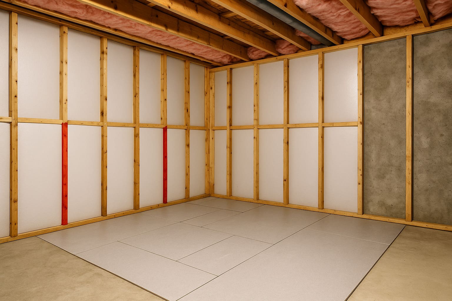 A renovated Edmonton basement featuring newly installed wall, ceiling, and floor insulation with exposed framing and foam panels, showing a clean and energy-efficient upgrade suitable for cold climates.