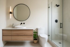 Modern minimalist bathroom design with a floating wood vanity, round mirror, glass shower, and neutral tones suitable for Edmonton homes.