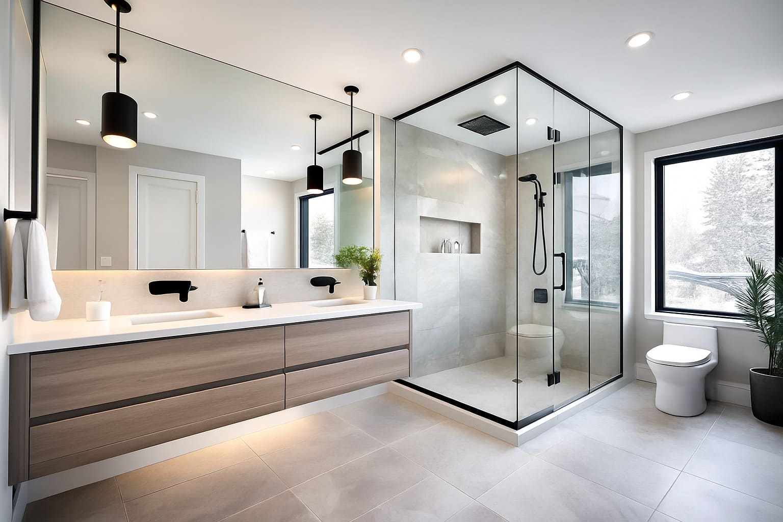 Modern Bathroom Design Ideas Edmonton – Contemporary Glass Shower and Double Vanity