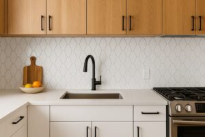 Modern Edmonton kitchen with a white geometric tile backsplash, wood upper cabinets, matte black faucet, and quartz countertop beside a stainless steel gas range.