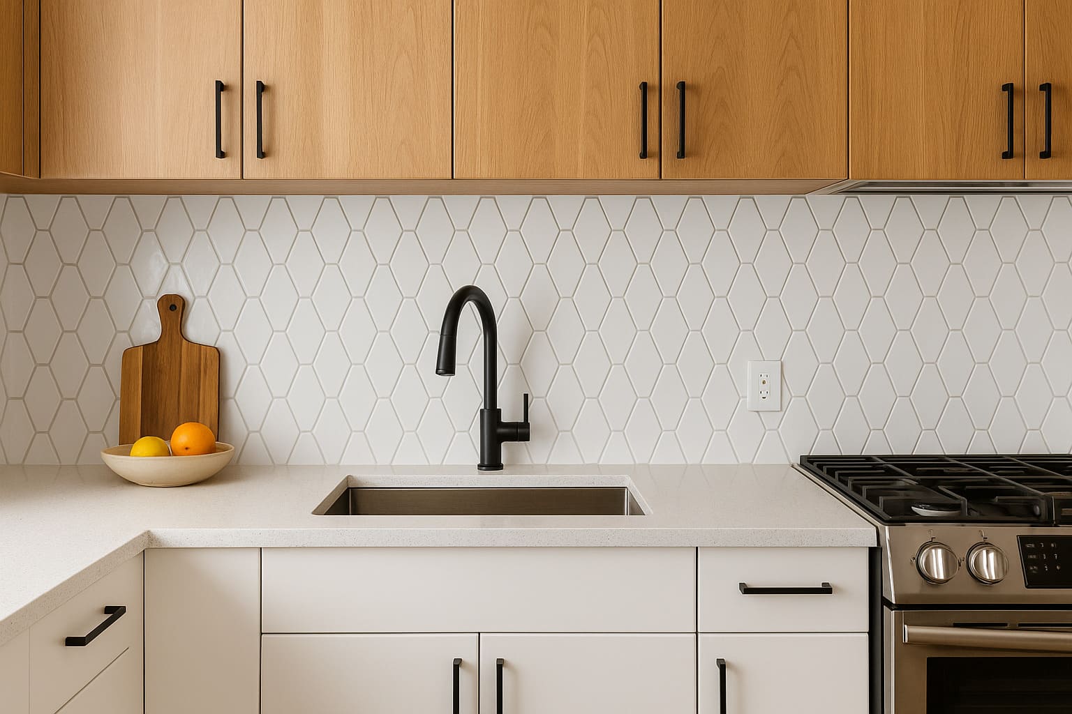 Modern Edmonton kitchen with a white geometric tile backsplash, wood upper cabinets, matte black faucet, and quartz countertop beside a stainless steel gas range.