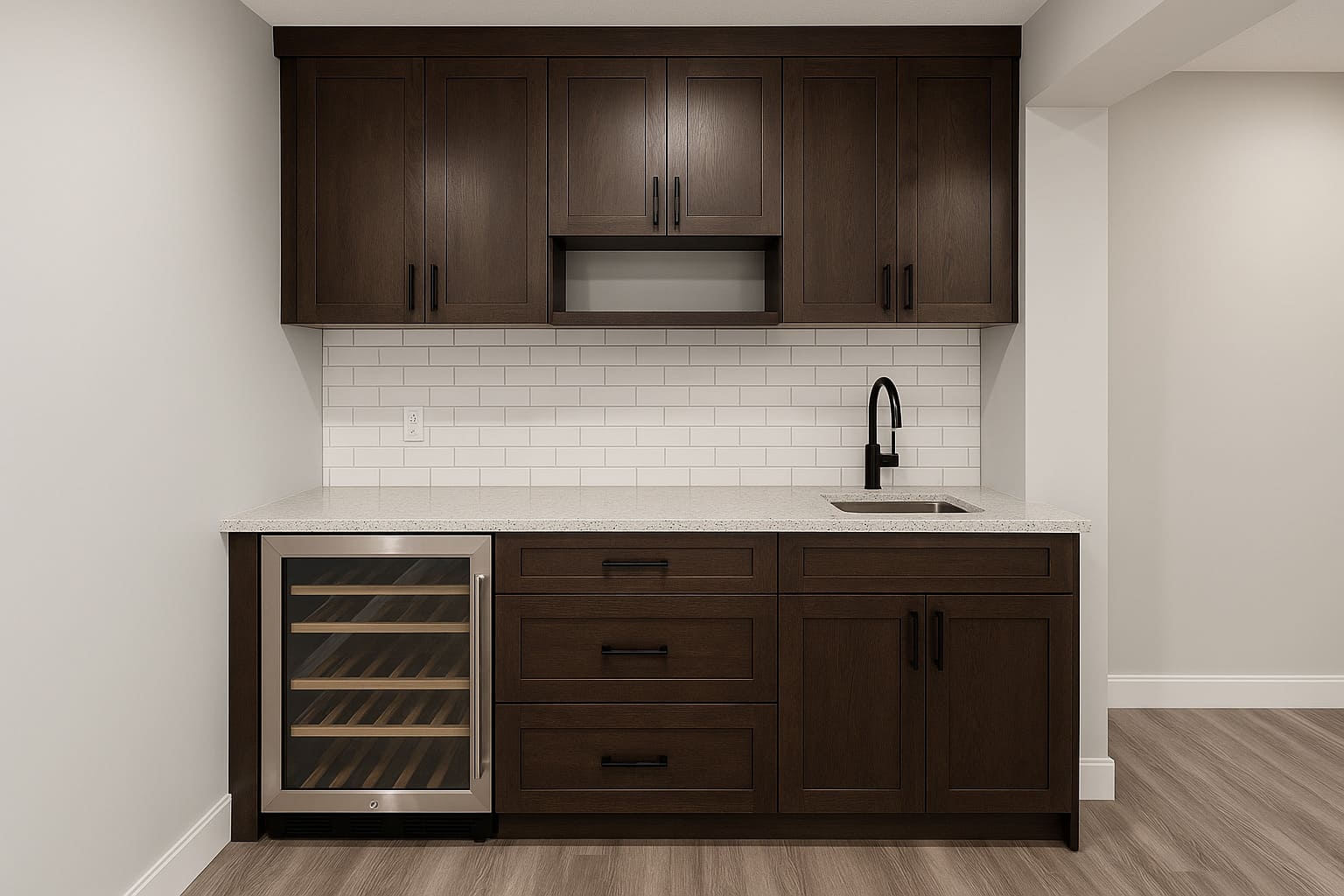 Modern basement bar featuring dark wood cabinetry, a quartz countertop, white subway tile backsplash, built-in wine cooler and matte black faucet in an Edmonton home renovation.