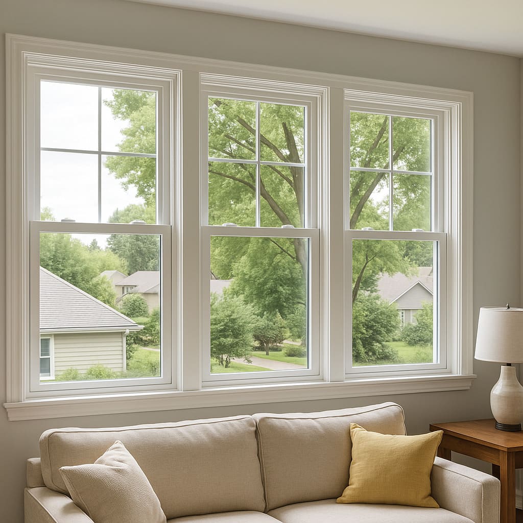 Bright living room with large energy-efficient white-framed windows showcasing natural light and outdoor greenery, highlighting modern home window upgrades.