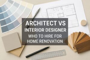 A workspace featuring both an architect and an interior designer collaborating on home renovation plans in Edmonton, with design blueprints, material samples, and a bright modern home interior visible