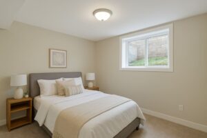 A basement bedroom in Edmonton under renovation, featuring a newly installed egress window that allows natural light and meets safety requirements, showcasing a modern and comfortable design upgrade.