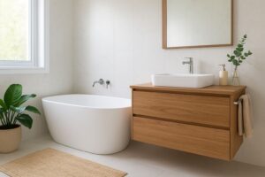 A modern eco-friendly bathroom featuring a white freestanding bathtub, wooden vanity with a vessel sink, large mirror, indoor plant, and natural light streaming through a window, showcasing sustainable design materials and minimalist decor.