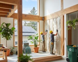 An eco-friendly home renovation in Edmonton featuring sustainable materials, energy-efficient windows, solar panels, and natural wood finishes, highlighting a modern green living design.