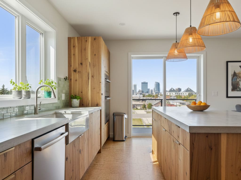 Modern eco-friendly kitchen renovation in an Edmonton home, featuring sustainable wood cabinetry, natural light, and cork flooring.