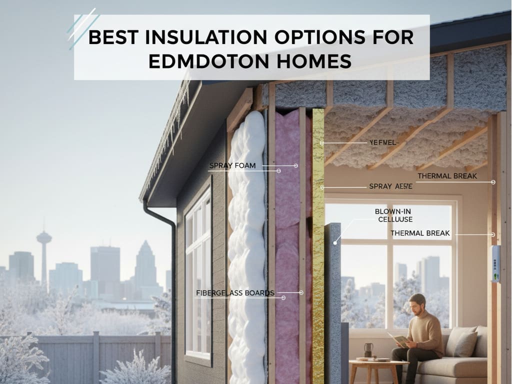 Different types of home insulation, such as spray foam and batt insulation, being installed in an attic to improve energy efficiency in Edmonton.