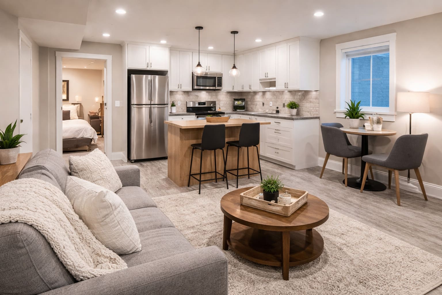 Modern basement suite renovation in Edmonton featuring an open-concept kitchen, living area, and dining space with bright lighting and clean finishes.