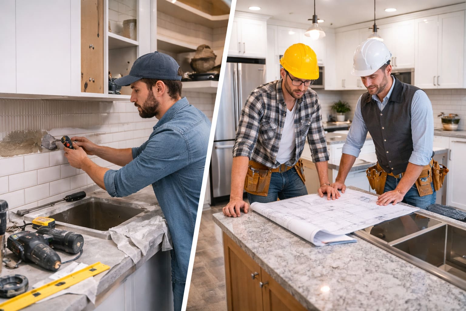 Home renovation showing a DIY kitchen project on one side and a professional house remodeling contractor reviewing plans in a finished kitchen.