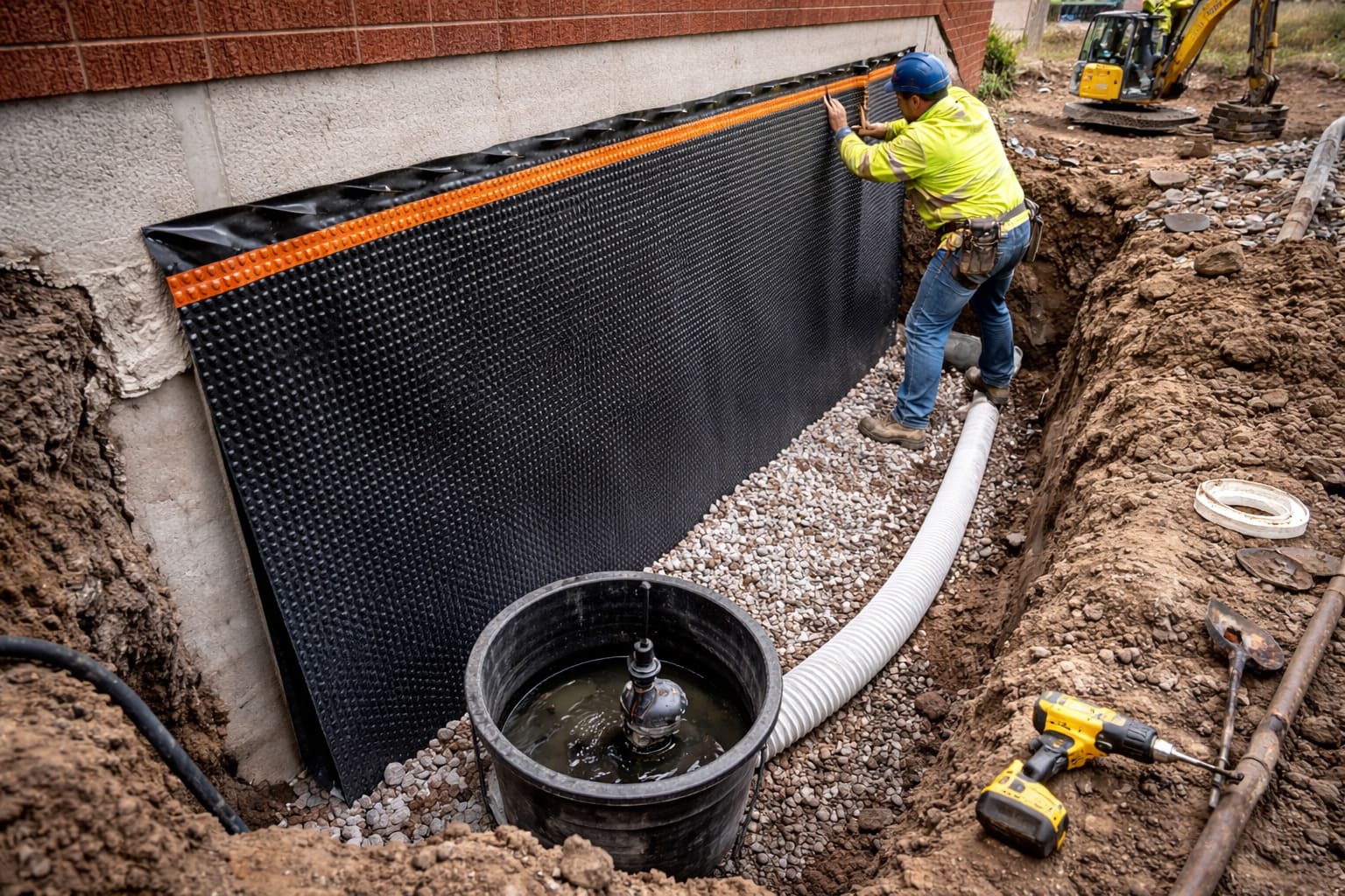 Basement waterproofing in Edmonton showing exterior foundation membrane installation, drainage system, and sump pump setup during a residential home repair.