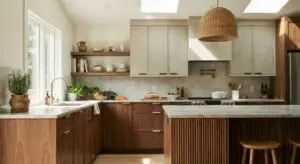 Modern kitchen interior with stylish updated cabinets and warm wood finishes, showing a bright and inviting space for a kitchen cabinet remodel in Edmonton