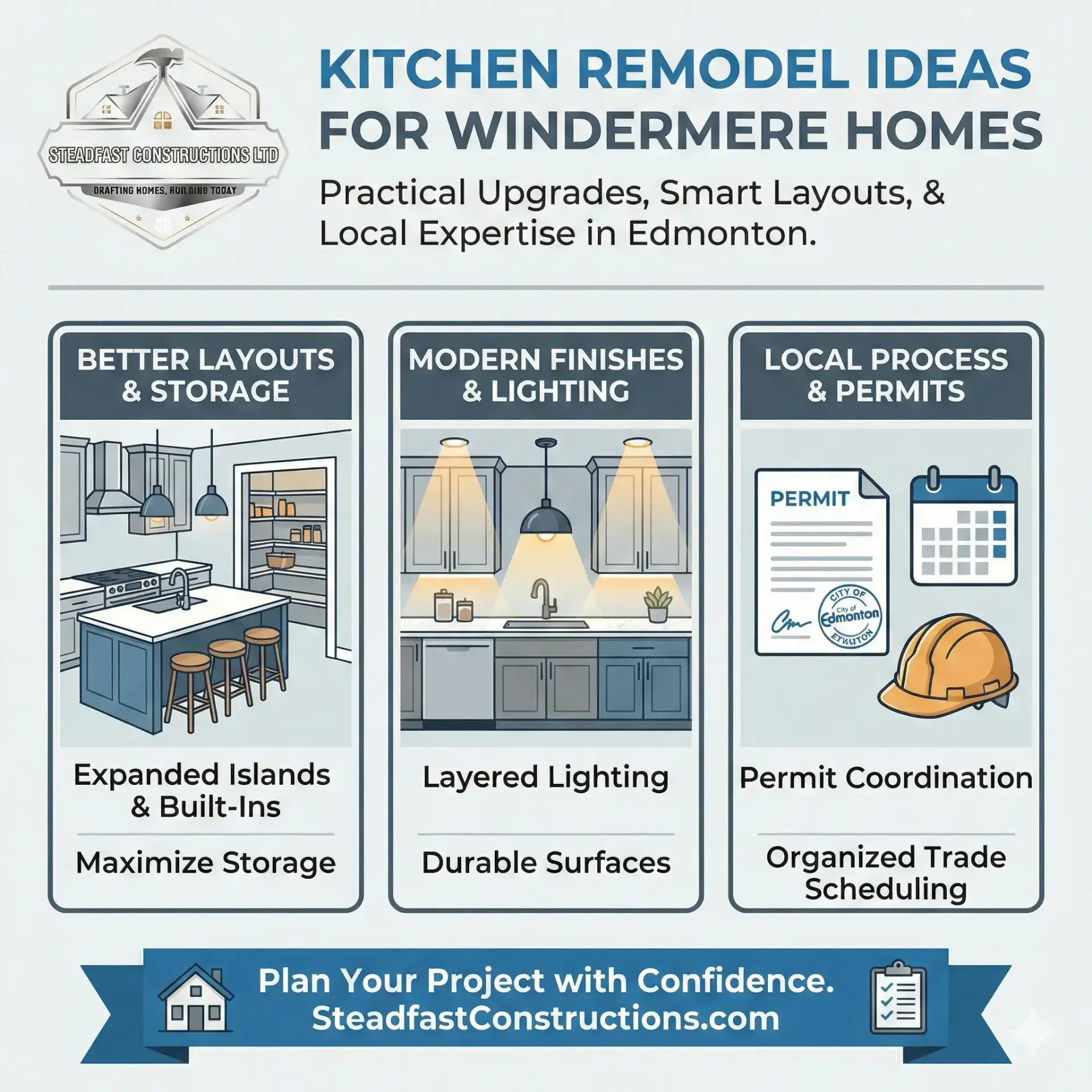 Gemini said A Steadfast Constructions Ltd infographic detailing practical kitchen remodel ideas for Windermere homes in Edmonton, focusing on layout improvements, modern lighting and finishes, and local permit coordination.