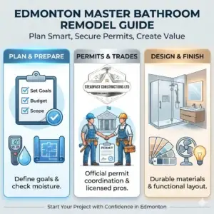 A Steadfast Constructions Ltd infographic guide for Edmonton master bathroom remodels, illustrating the process of planning, permit coordination with licensed trades, and selecting durable design finishes.