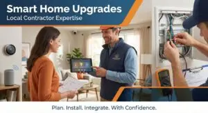 A local home improvement contractor consults a homeowner on smart home upgrades and device integration while a licensed electrician handles professional wiring and permits in this infographic.