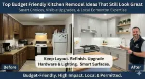 A before-and-after infographic showing a budget-friendly kitchen remodel in Edmonton, featuring a dated oak kitchen and its transformation with painted grey cabinets, new hardware, subway tile backsplash, and modern lighting, all without changing the layout.