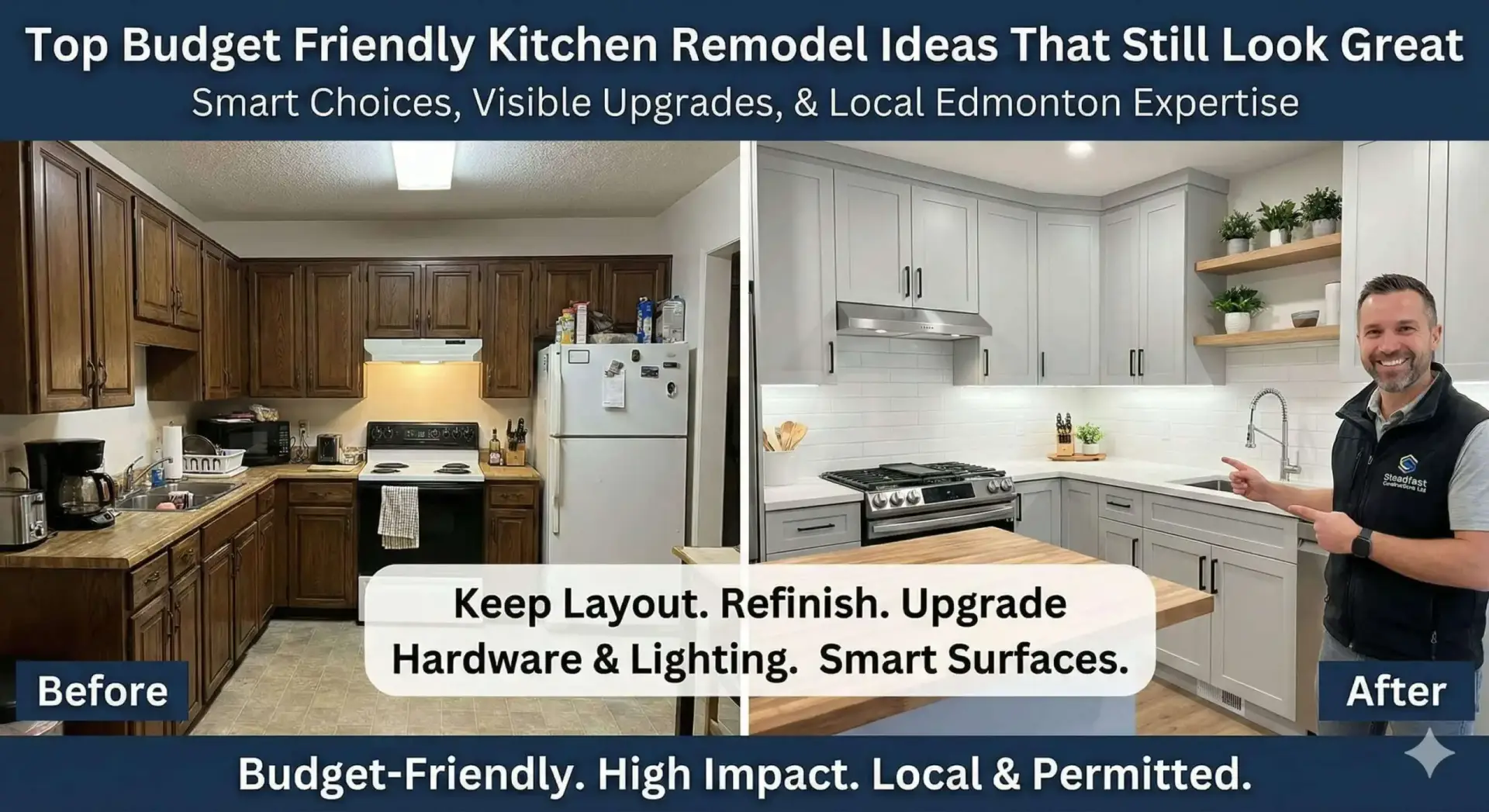 A before-and-after infographic showing a budget-friendly kitchen remodel in Edmonton, featuring a dated oak kitchen and its transformation with painted grey cabinets, new hardware, subway tile backsplash, and modern lighting, all without changing the layout.