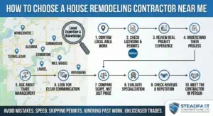 A Steadfast Constructions Ltd infographic displaying optimal colour schemes for a small kitchen remodel, illustrating how soft white, two-tone cabinets, and light grey finishes enhance brightness and vertical space in Edmonton homes.