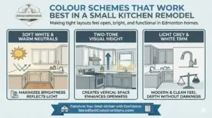 Best colour schemes for a small kitchen remodel in Edmonton, featuring visual examples of warm neutrals and two-tone cabinetry