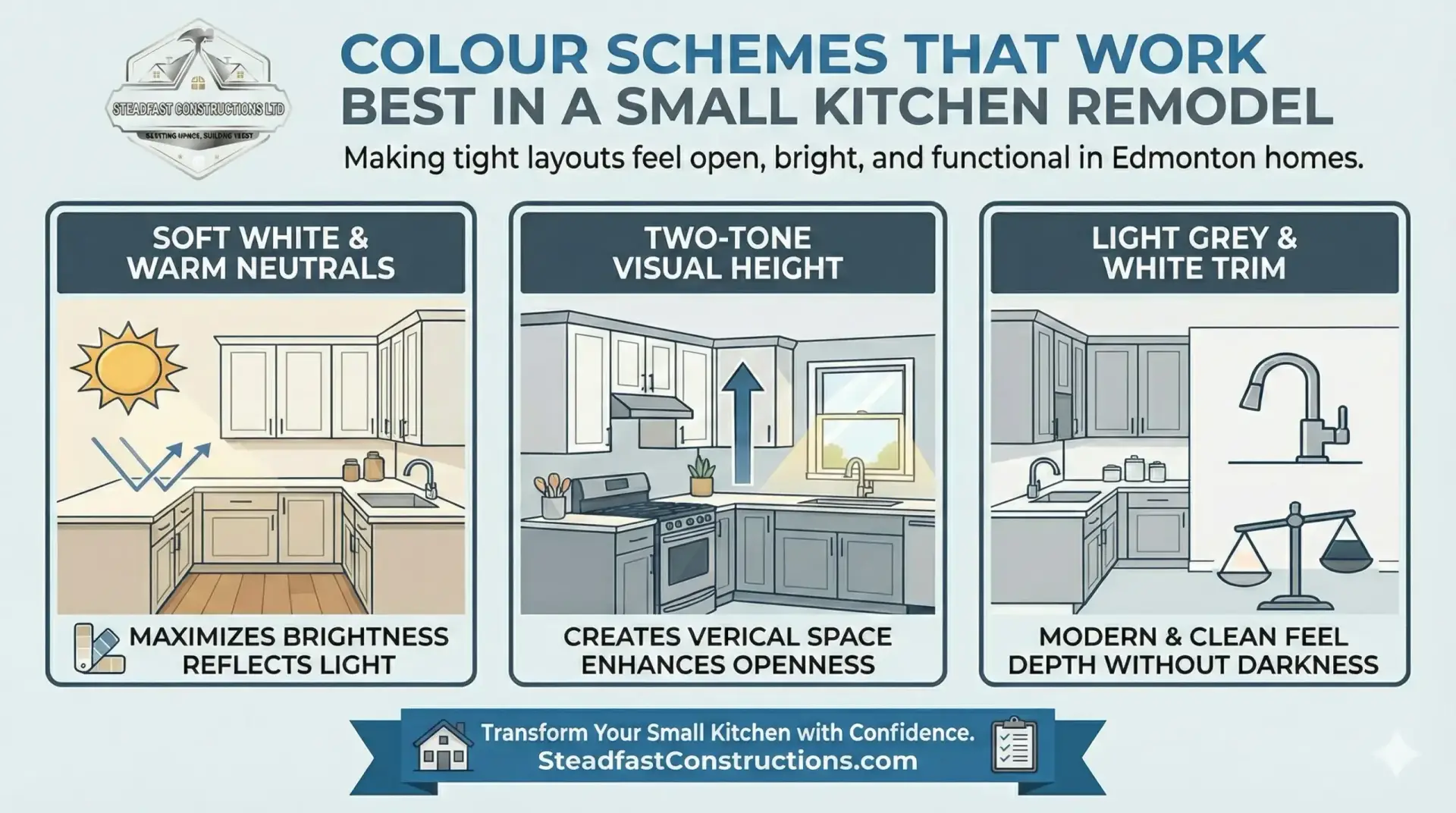 Best colour schemes for a small kitchen remodel in Edmonton, featuring visual examples of warm neutrals and two-tone cabinetry
