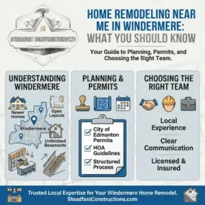 A Steadfast Constructions Ltd infographic guide for "Home Remodeling Near Me in Windermere," illustrating key advice on Edmonton permits, renovation planning, and choosing a licensed local contractor.