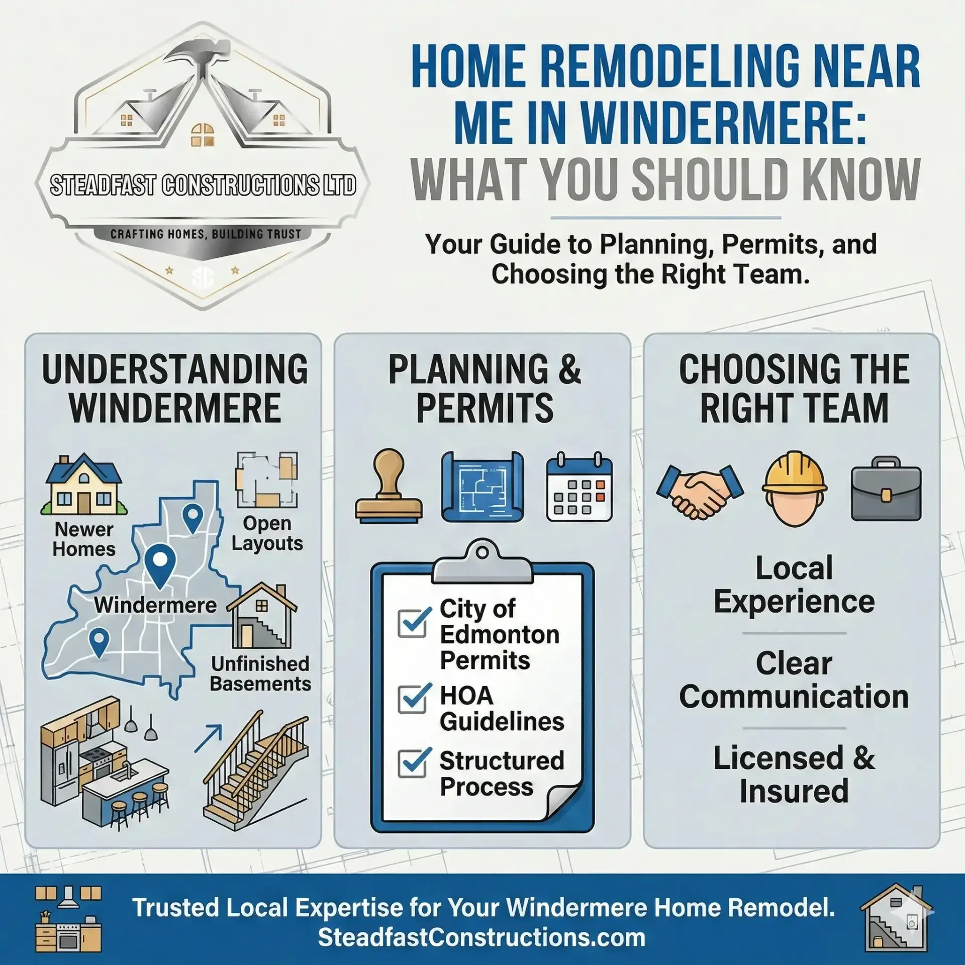 A Steadfast Constructions Ltd infographic guide for "Home Remodeling Near Me in Windermere," illustrating key advice on Edmonton permits, renovation planning, and choosing a licensed local contractor.