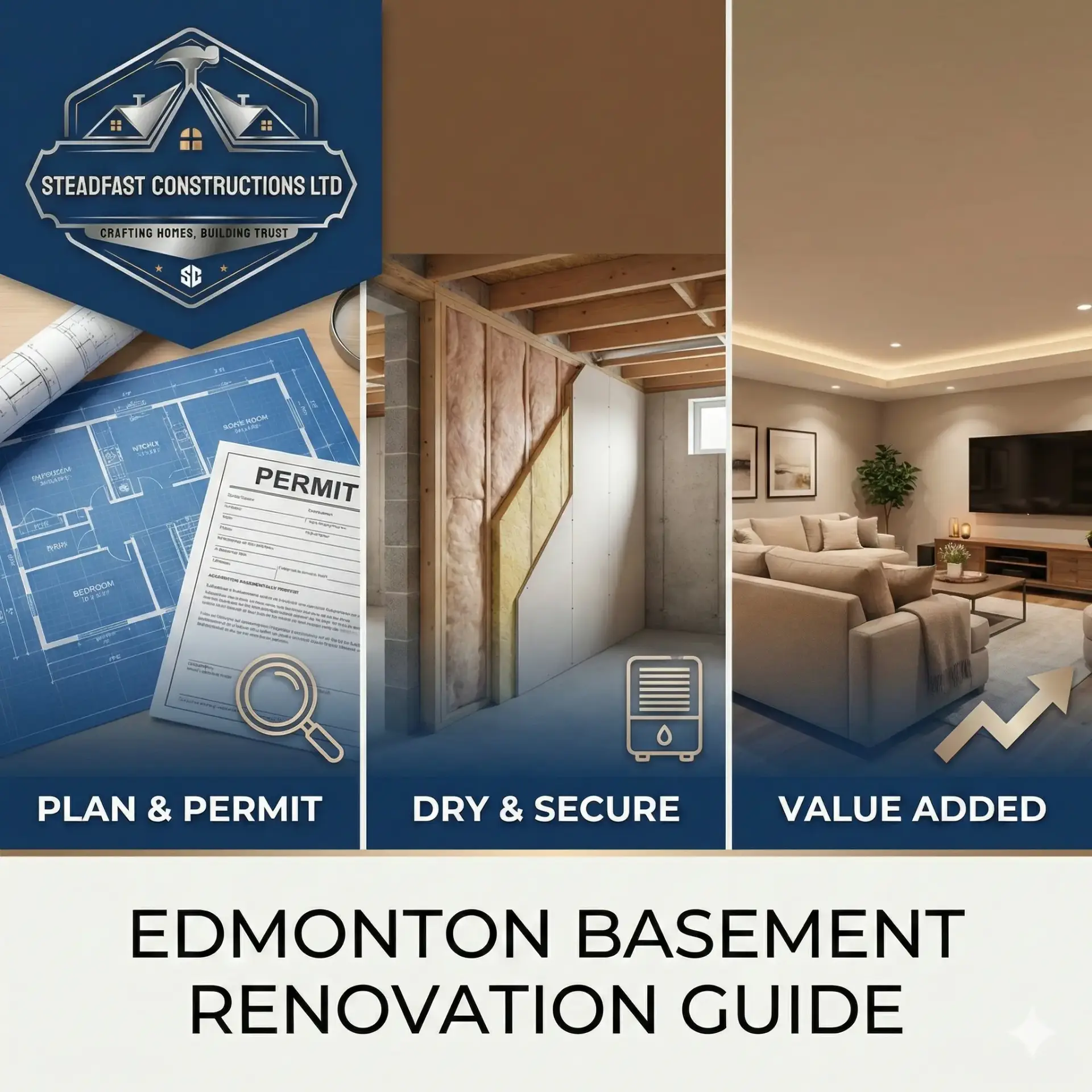 A Steadfast Constructions Ltd infographic feature image for the "Edmonton Basement Renovation Guide," illustrating the three-step process of planning and permitting, ensuring a dry and secure foundation with insulation, and achieving a value-added finished basement living area.