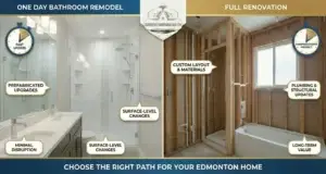 Steadfast Constructions Ltd infographic comparing the speed of a one-day bathroom remodel versus the comprehensive scope of a full renovation to help Edmonton homeowners choose the right path for their project.
