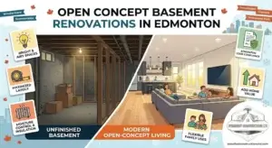 Steadfast Constructions Ltd infographic illustrating the transformation of an unfinished Edmonton basement into a bright, modern open-concept living area, highlighting benefits like code compliance, moisture control, and added home value.
