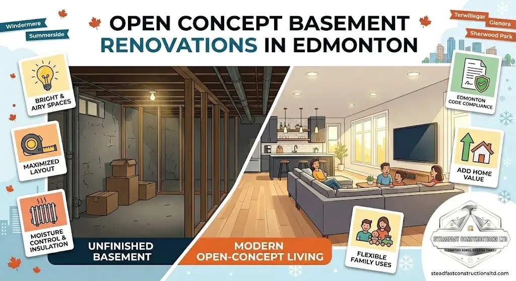 Steadfast Constructions Ltd infographic illustrating the transformation of an unfinished Edmonton basement into a bright, modern open-concept living area, highlighting benefits like code compliance, moisture control, and added home value.