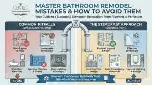 Steadfast Constructions Ltd infographic titled 'Master Bathroom Remodel Mistakes & How to Avoid Them,