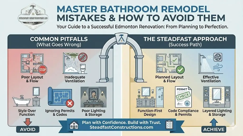 Steadfast Constructions Ltd infographic titled 'Master Bathroom Remodel Mistakes & How to Avoid Them,