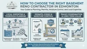 Steadfast Constructions Ltd infographic guide titled "How to Choose the Right Basement Reno Contractor in Edmonton," detailing key steps like utilizing local expertise in neighborhoods such as Windermere and Glenora, ensuring permit and code compliance for moisture control, and coordinating licensed trades for durable, long-term value.